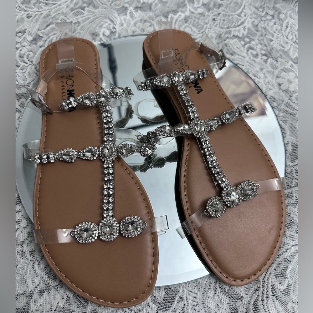 Rhinestone Clear Strap Sandals Size 9 | Glam Sparkly Flats
